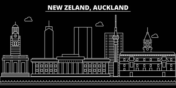 Auckland silueta horizonte. Nueva Zelanda - Ciudad vectorial de Auckland, nueva arquitectura lineal de Zealand. Ilustración de viajes de Auckland, delinear puntos de referencia. Nueva Zelanda icono plano, nueva bandera de la línea de Zealand — Archivo Imágenes Vectoriales