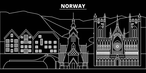 Noruega silueta horizonte, ciudad vectorial, arquitectura noruega lineal, edificios. Noruega ilustración de viajes, esbozar icono plano, bandera noruega — Vector de stock
