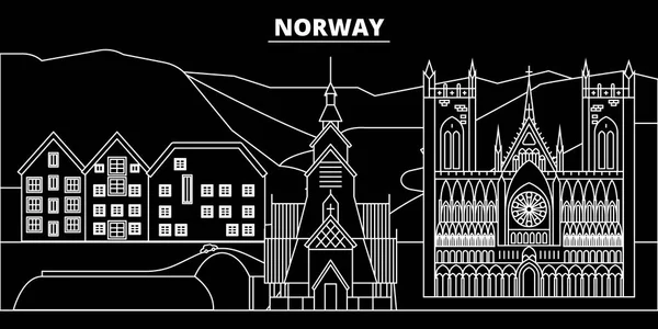 Norveç siluet manzarası, vektör şehir, Norveç doğrusal mimarisi, binalar. Norveç seyahat illüstrasyon, anahat landmarkflat simgesi, Norveç hat afiş