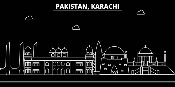 Línea de silueta de Karachi. Pakistán Ciudad vectorial de Karachi, arquitectura lineal pakistaní, edificios. Ilustración de viajes de Karachi, esbozar puntos de referencia. Pakistán icono plano, pancarta de línea pakistaní — Vector de stock