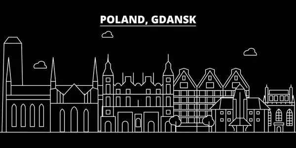 Gdansk silueta horizonte. Polonia - Gdansk ciudad vectorial, arquitectura lineal pulido, edificios. Ilustración de viajes de Gdansk, esbozar puntos de referencia. Polonia icono plano, bandera de línea de pulido — Archivo Imágenes Vectoriales