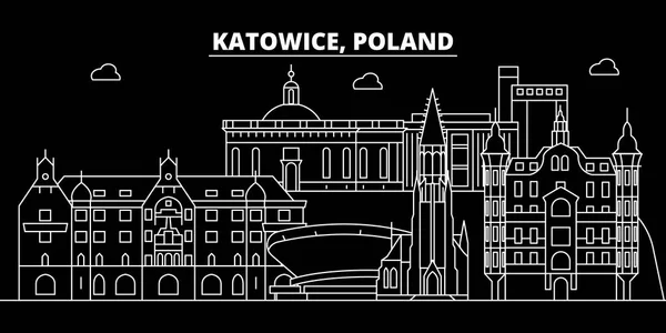 De skyline van de silhouet van Katowice. Polen - Katowice vector stad, Pools lineaire architectuur, gebouwen. Katowice reizen illustratie, overzicht monumenten. Polen platte pictogram, Pools lijn banner — Stockvector