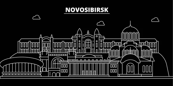 Novosibirsk siluet manzarası. Rusya - Novosibirsk vektör şehir, Rusya doğrusal mimarisi, binalar. Novosibirsk seyahat illüstrasyon, anahat yerler. Rusya düz simgesi, Rus hat afiş — Stok Vektör