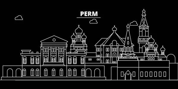 Silhouette permanente skyline. Russie - Perm ville vectorielle, architecture linéaire russe, bâtiments. Illustration de voyage permanente, esquisse des points de repère. Russie icône plate, bannière de ligne russe — Image vectorielle