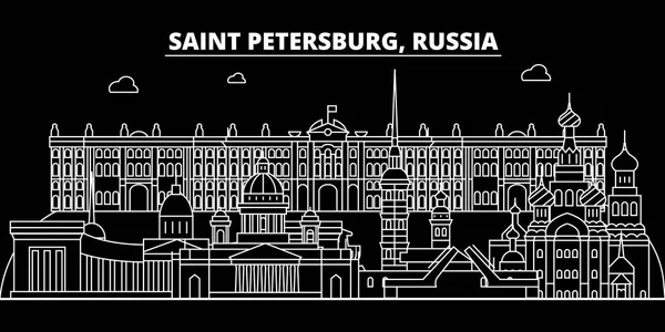 Saint Petersburg silueta Panorama. Rusko - vektor město Saint Petersburg, Ruská lineární architektura. Saint Petersburg cestování ilustrace, přehled památek. Rusko ploché ikony, Ruské linie nápisu — Stockový vektor