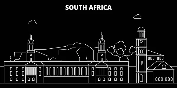 Sudáfrica silueta horizonte, ciudad vector, arquitectura lineal africana, edificios. Sudáfrica viaje ilustración, esbozar icono plano de marca, bandera de línea africana — Vector de stock