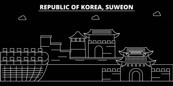 Línea de silueta Suweon. Corea del Sur - Suweon vector ciudad, arquitectura lineal coreana, edificios. Ilustración de viajes de Suweon, delinear puntos de referencia. Corea del Sur icono plano, bandera de línea coreana — Vector de stock