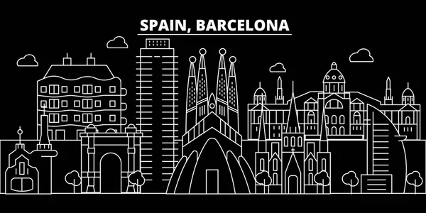 Ciudad de Barcelona silueta horizonte. España Ciudad vectorial de Barcelona, arquitectura lineal española. Ilustración de viajes por la ciudad de Barcelona, esbozar puntos de referencia. España icono plano, bandera de línea española — Vector de stock