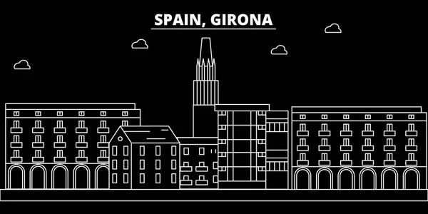 Línea de silueta de Girona. España Ciudad vectorial de Girona, arquitectura lineal española, edificios. Ilustración de viajes de Girona, esbozar hitos. España icono plano, bandera de línea española — Vector de stock