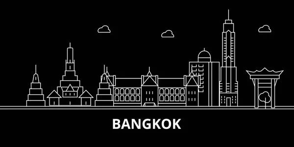 Panoramę Bangkoku sylwetka. Tajlandia - wektor Bangkoku, tajskiej architektury liniowe, budynków. Bangkok podróży ilustracja, zabytki konspektu. Tajlandia płaskie ikona, linii tajskiej transparent — Wektor stockowy