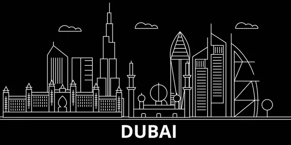 Silhouette de Dubaï skyline. Émirats arabes unis - Dubaï ville vectorielle, architecture linéaire arabe, bâtiments. Dubaï illustration de voyage, esquisse des monuments. Émirats arabes unis icône plate, bannière de ligne arabe — Image vectorielle