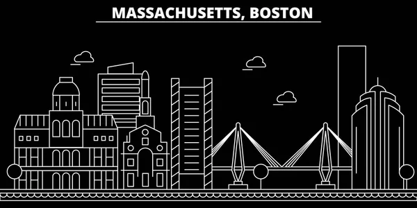 Profilo della silhouette di Boston. USA - Boston vector city, architettura lineare americana, edifici. Boston viaggi illustrazione, contorno punti di riferimento. USA icona piatta, bandiera della linea americana — Vettoriale Stock