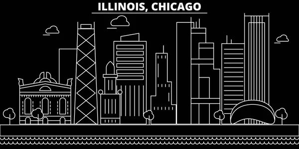 Panoramy Chicago sylwetka. USA - Chicago wektor miasta, amerykański architektura liniowe, budynków. Chicago travel ilustracja, zabytki konspektu. USA płaskie ikona, amerykański linii transparent — Wektor stockowy