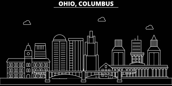 Línea de silueta de Colón. EE.UU. - Columbus vector de la ciudad, la arquitectura lineal americana, edificios. Ilustración de viajes de Colón, esbozar puntos de referencia. EE.UU. icono plano, bandera de línea americana — Vector de stock