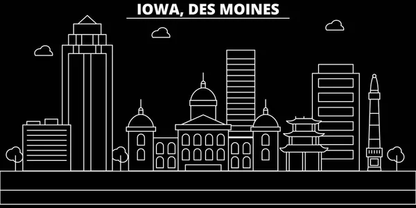 Línea de silueta de Des Moines. EE.UU. - Ciudad vector de Des Moines, arquitectura lineal americana, edificios. Ilustración de viajes de Des Moines, contorno de puntos de referencia. EE.UU. icono plano, bandera de línea americana — Vector de stock