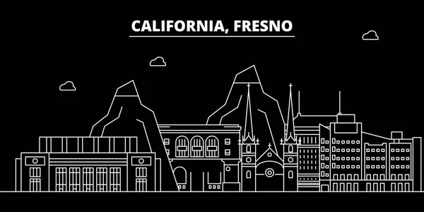 Fresno silueta Panorama. USA - město Fresno vektor, americký lineární architektura, budovy. Fresno cestování ilustrace, přehled památek. USA ploché ikony, americká linie nápisu — Stockový vektor