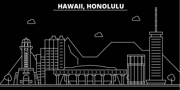 Línea de silueta Honolulu. Estados Unidos - Ciudad vectorial de Honolulu, arquitectura lineal americana, edificios. Ilustración de viajes de Honolulu, delinear puntos de referencia. EE.UU. icono plano, bandera de línea americana — Vector de stock