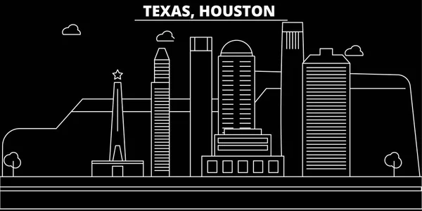 Línea de silueta de Houston. EE.UU. - Houston vector de la ciudad, la arquitectura lineal americana, edificios. Houston ilustración de viajes, esbozar puntos de referencia. EE.UU. icono plano, bandera de línea americana — Vector de stock