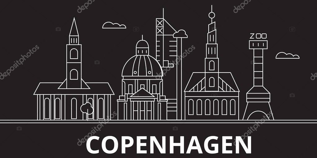Copenhagen city silhouette skyline. Denmark - Copenhagen city vector city, danish linear architecture, buildings. Copenhagen city line travel illustration, landmarks. Denmark flat icon, danish outline
