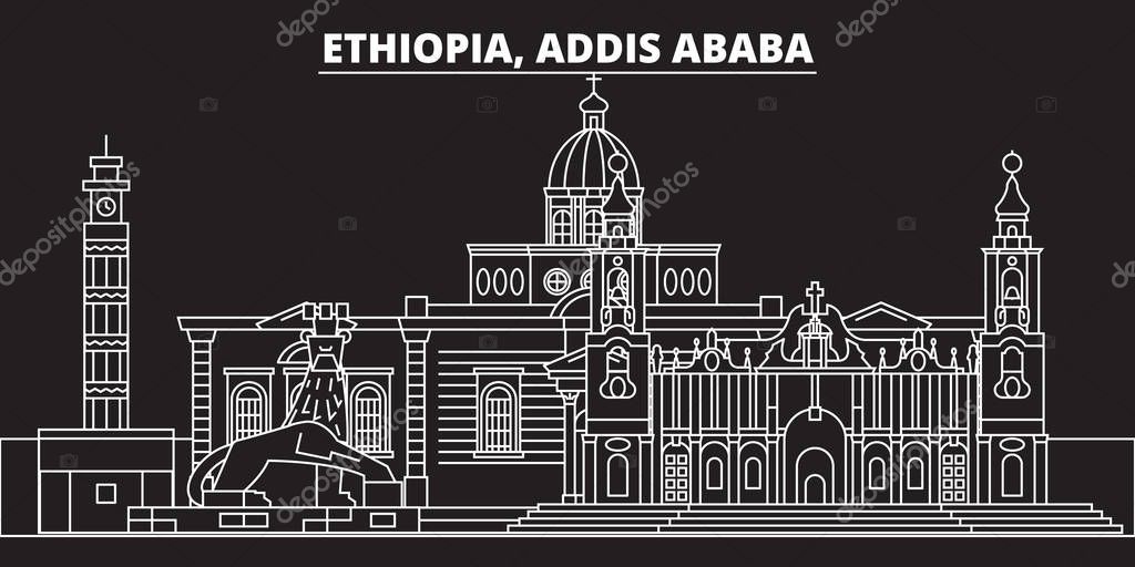 Addis ababa silhouette skyline. Ethiopia - Addis ababa vector city, ethiopian linear architecture, buildings. Addis ababa line travel illustration, landmarks. Ethiopia flat icon, ethiopian outline