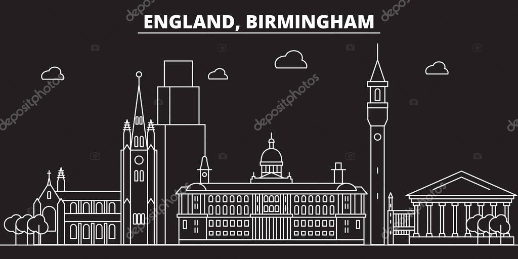 Birmingham silhouette skyline. Great Britain - Birmingham vector city, british linear architecture, buildings. Birmingham line travel illustration, landmarks. Great Britain flat icon, british outline