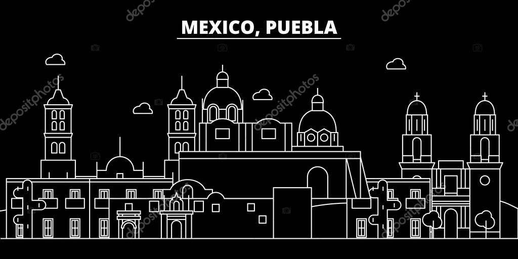Puebla silhouette skyline. Mexico - Puebla vector city, mexican linear architecture, buildings. Puebla line travel illustration, landmarks. Mexico flat icon, mexican outline design banner