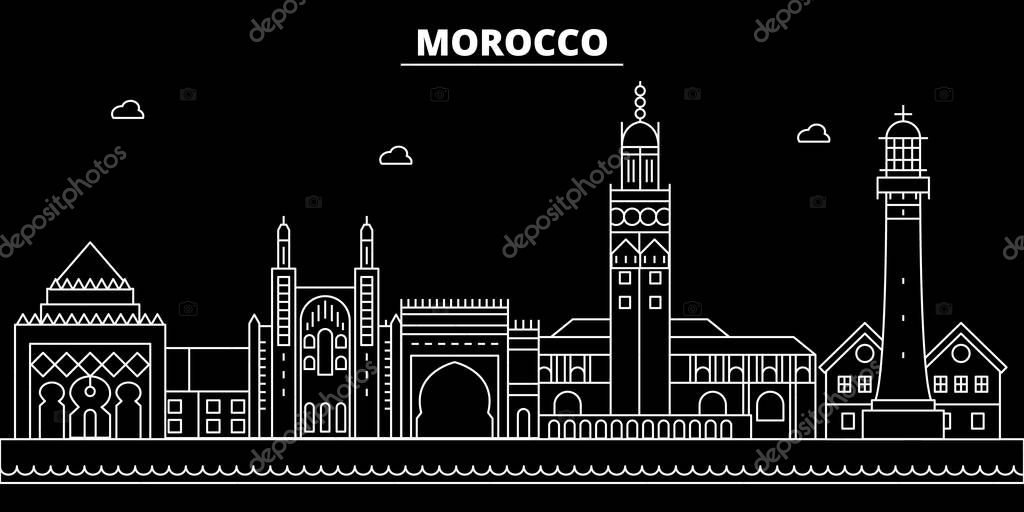 Morocco silhouette skyline, vector, city, moroccan linear architecture, buildings. Morocco travel illustration, outline landmarkflat icon, moroccan line banner