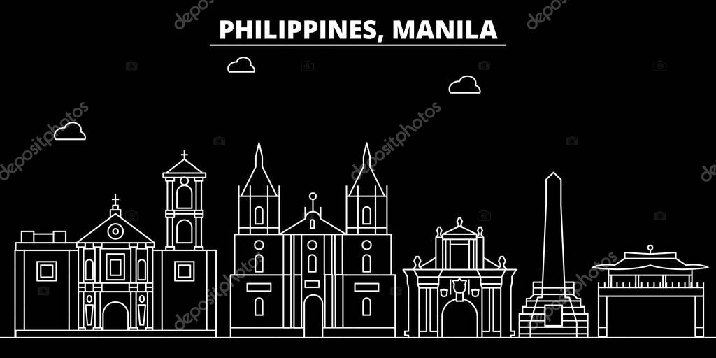 Manila silhouette skyline. Philippines - Manila vector city, filipino linear architecture, buildings. Manila line travel illustration, landmarks. Philippines flat icon, filipino outline design banner