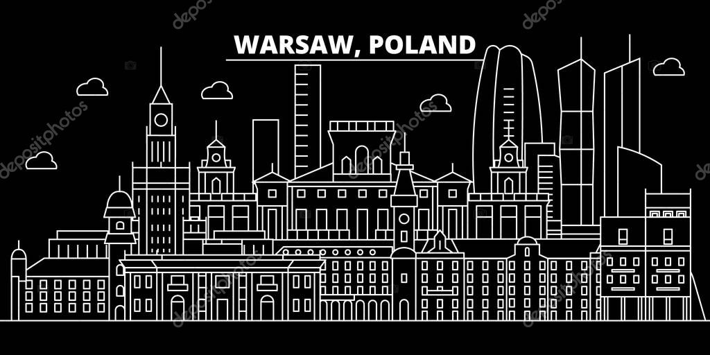 Warsaw silhouette skyline. Poland - Warsaw vector city, polish linear architecture, buildings. Warsaw line travel illustration, landmarks. Poland flat icon, polish outline design banner