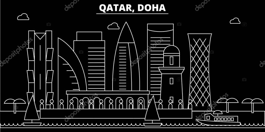 Doha silhouette skyline. Qatar - Doha vector city, qatari linear architecture, buildings. Doha line travel illustration, landmarks. Qatar flat icon, qatari outline design banner