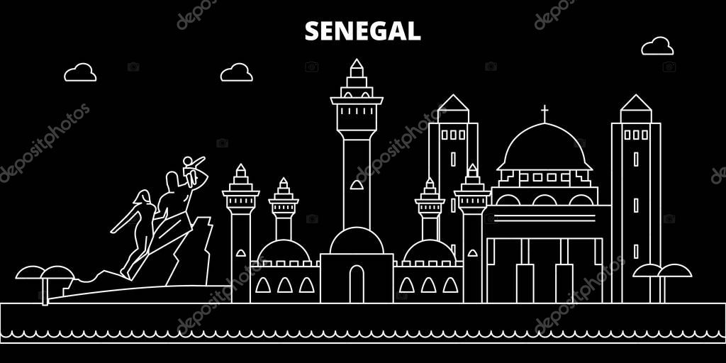 Senegal silhouette skyline, vector, city, senegalese linear architecture. Senegal travel illustration, outline landmarkflat icon, senegalese line banner