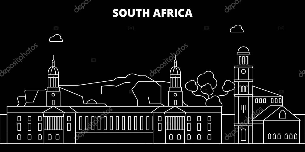 South Africa silhouette skyline, vector, city, african linear architecture, buildings. South Africa travel illustration, outline landmarkflat icon, african line banner