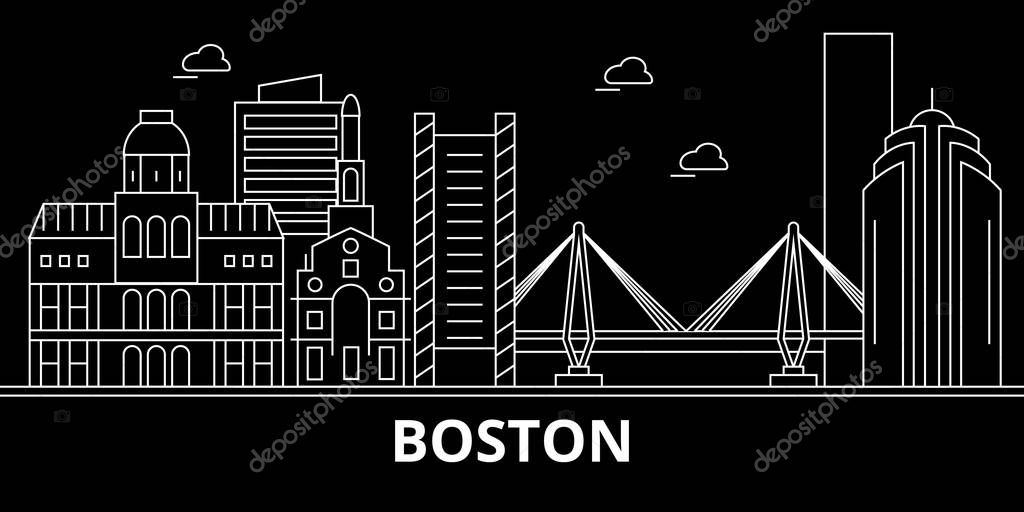 Boston city silhouette skyline. USA - Boston city vector city, american linear architecture, buildings. Boston city line travel illustration, landmarks. USA flat icon, american outline design banner