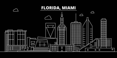 Miami siluet manzarası. ABD - Miami vektör şehir, doğrusal mimari, binalar. Miami illüstrasyon, anahat yerler seyahat. ABD düz simgesi, Amerikan hat afiş