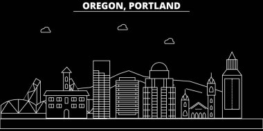 Portland şehir silueti manzarası. ABD - Portland şehir vektör şehir, doğrusal mimari, binalar. Portland şehir çizgi seyahat illüstrasyon, yerler. ABD düz simge, Amerikan anahat tasarım