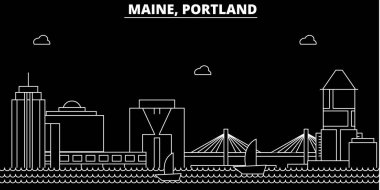 Portland siluet manzarası. ABD - Portland vektör şehir, doğrusal mimari, binalar. Portland satır seyahat illüstrasyon, yerler. ABD düz simgesi, Amerikan anahat tasarım afiş