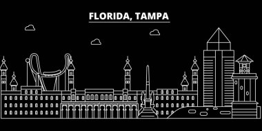 Tampa siluet manzarası. ABD - Tampa vektör şehir, doğrusal mimari, binalar. Tampa seyahat illüstrasyon, anahat yerler. ABD düz simgesi, Amerikan hat afiş