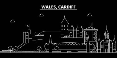 Cardiff siluet manzarası. Galler - Cardiff vektör şehir, doğrusal mimarisi, binalar Galce. Cardiff seyahat illüstrasyon, anahat yerler. Galler düz simgesi, hat afiş Galce