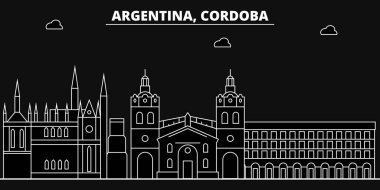 Cordoba siluet manzarası. Arjantin - Cordoba vektör şehir, Arjantinli doğrusal mimarisi, binalar. Cordoba satır seyahat illüstrasyon, yerler. Arjantin düz simge, Arjantinli anahat tasarım