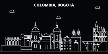 Bogota siluet manzarası. Kolombiya - Bogota vektör şehir, Kolombiyalı doğrusal mimarisi, binalar. Bogota satır seyahat illüstrasyon, yerler. Kolombiya düz simgesi, Kolombiyalı anahat tasarım afiş