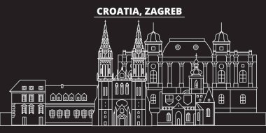 Zagreb siluet manzarası. Hırvatistan - Zagreb vektör şehir, Hırvat doğrusal mimarisi, binalar. Zagreb satır seyahat illüstrasyon, yerler. Hırvatistan düz simgesi, Hırvat anahat tasarım afiş