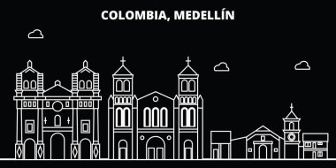 Medellin siluet manzarası. Kolombiya - Medellin vektör şehir, Kolombiyalı doğrusal mimarisi, binalar. Medellin satır seyahat illüstrasyon, yerler. Kolombiya düz simge, Kolombiyalı anahat tasarım