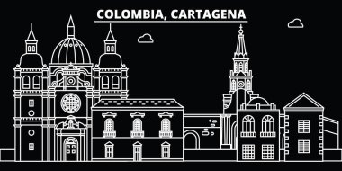 Cartagena siluet manzarası. Kolombiya - Cartagena vektör şehir, Kolombiyalı doğrusal mimarisi, binalar. Cartagena satır seyahat illüstrasyon, yerler. Kolombiya düz simge, Kolombiyalı anahat tasarım