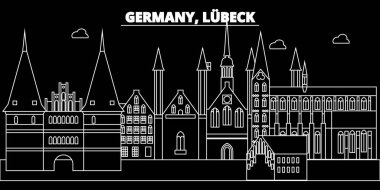 Lubeck siluet manzarası. Almanya - Lubeck vektör şehir, Alman doğrusal mimarisi, binalar. Lubeck satır seyahat illüstrasyon, yerler. Almanya düz simgesi, Alman anahat tasarım afiş