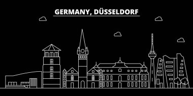 Dusseldorf siluet manzarası. Almanya - Dusseldorf vektör şehir, Alman doğrusal mimarisi, binalar. Dusseldorf satır seyahat illüstrasyon, yerler. Almanya düz simgesi, Alman anahat tasarım afiş