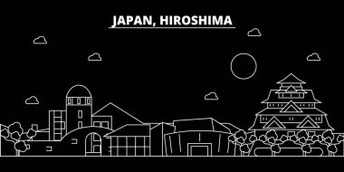 Hiroşima siluet manzarası. Japonya - Hiroşima vektör şehir, Japon doğrusal mimarisi, binalar. Hiroşima satır seyahat illüstrasyon, yerler. Japonya düz simgesi, Japon anahat tasarım afiş