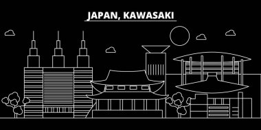 Kawasaki siluet manzarası. Japonya - Kawasaki vektör şehir, Japon doğrusal mimarisi, binalar. Kawasaki satır seyahat illüstrasyon, yerler. Japonya düz simgesi, Japon anahat tasarım afiş