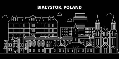 Bialystok siluet manzarası. Polonya - Bialystok vektör şehir, doğrusal mimarisi, binalar Lehçe. Bialystok satır seyahat illüstrasyon, yerler. Polonya düz simgesi, Lehçe anahat tasarım afiş