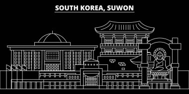 Suwon siluet manzarası. Güney Kore - Suwon vektör şehir, Kore doğrusal mimarisi, binalar. Suwon Seyahat illüstrasyon, anahat yerler. Güney Kore düz simgesi, Kore çizgi tasarım afiş