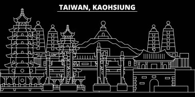 Kaohsiung siluet manzarası. Tayvan - Kaohsiung vektör şehir, Tayvanlı doğrusal mimarisi. Kaohsiung satır seyahat illüstrasyon, yerler. Tayvan düz simgesi, Tayvanlı anahat tasarım afiş